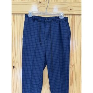 Pants Mens 33x29 Blue Check Dress Casual Straight Leg Elastic Waist Drawstring